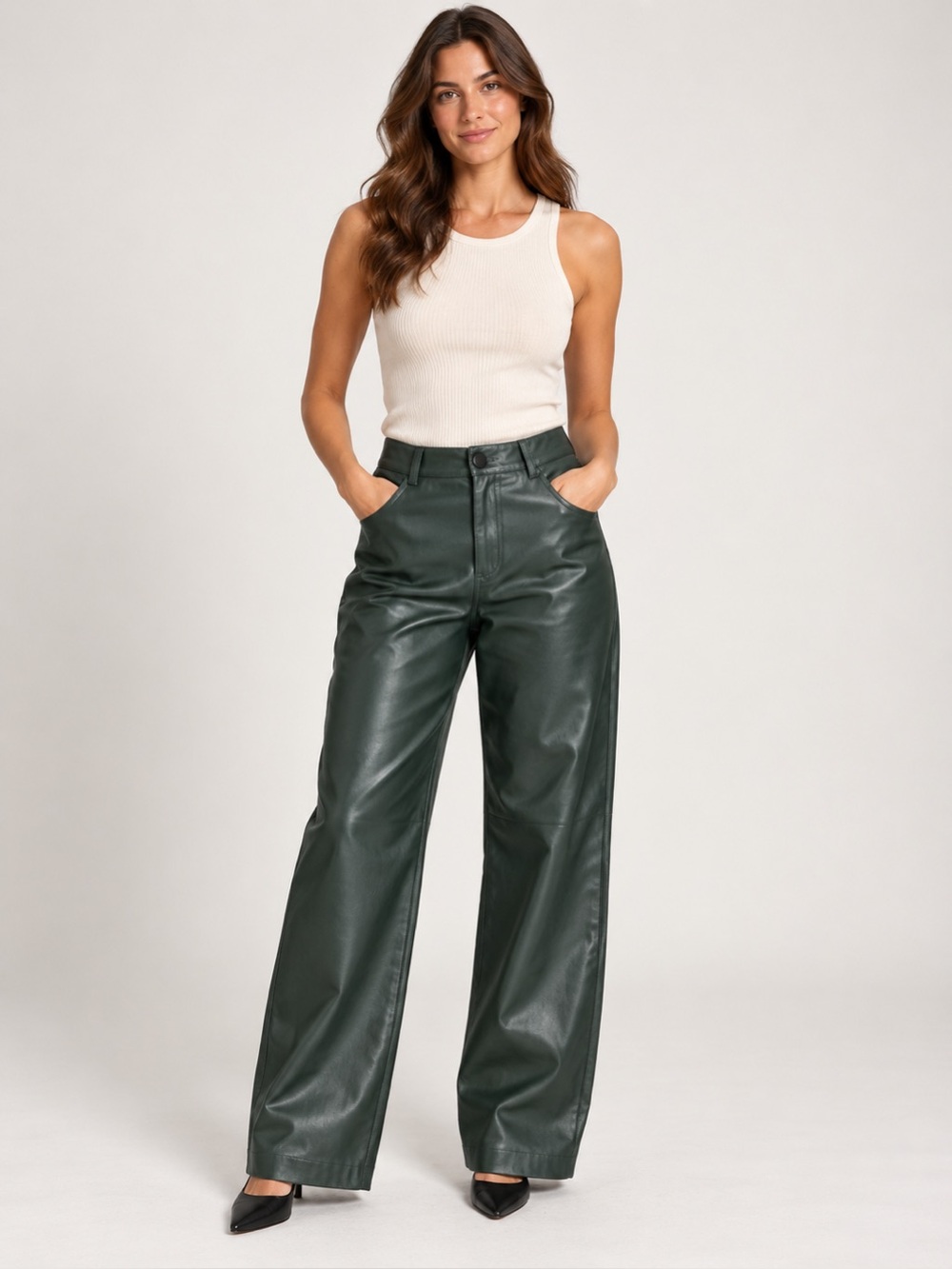 ZARA Dark Green Faux Leather High Rise Wide Leg Pants Size M